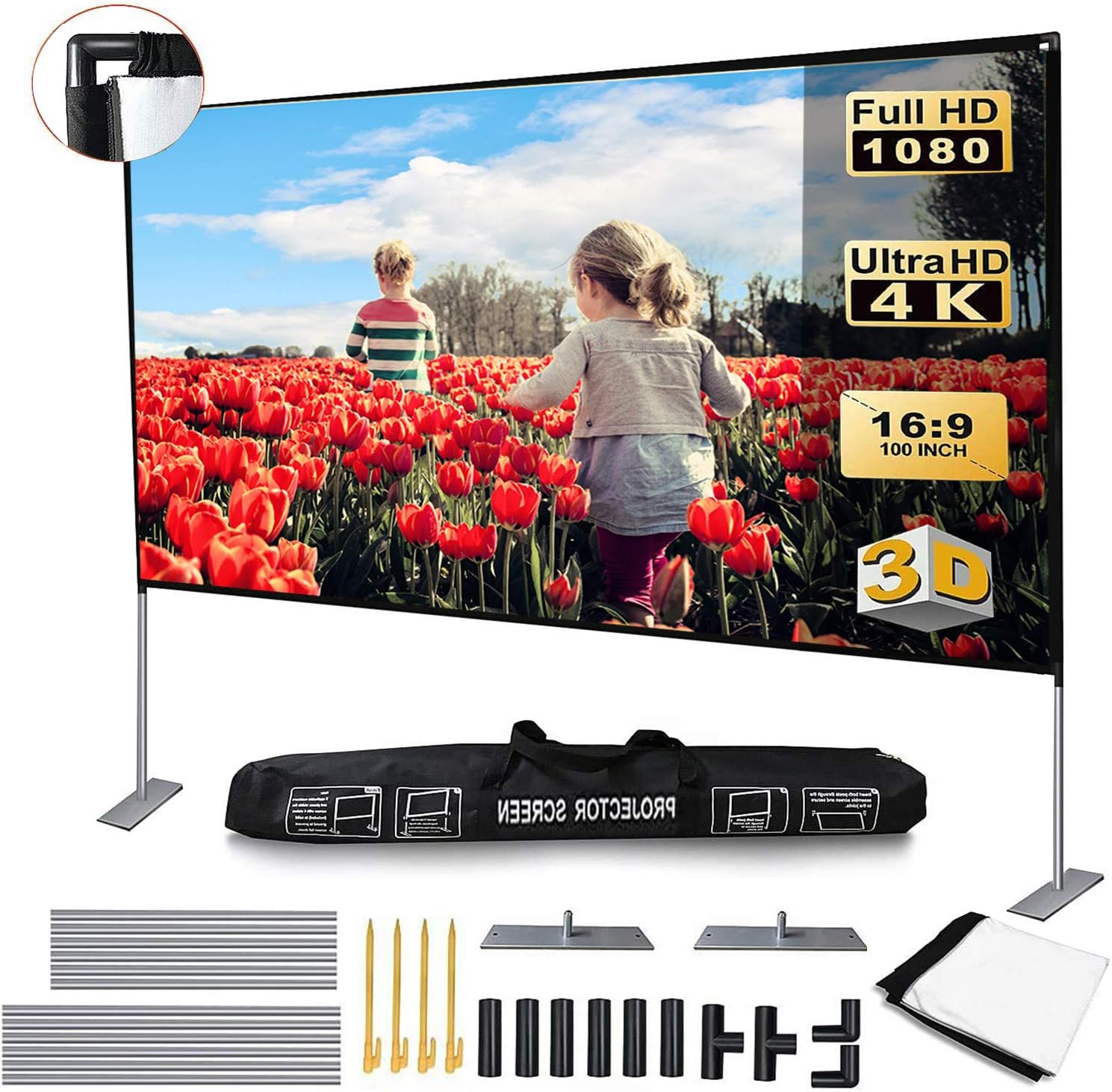 JinHuiCheng Projector Screen with Stand Portable Projection Screen 16:9 for Indoor Outdoor Home Theater Backyard Cinema Trave (100inch): Home Audio & Theater