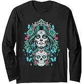 De Los Muertos La Catrina Day of The Dead Floral Sugar Skull Long Sleeve T-Shirt