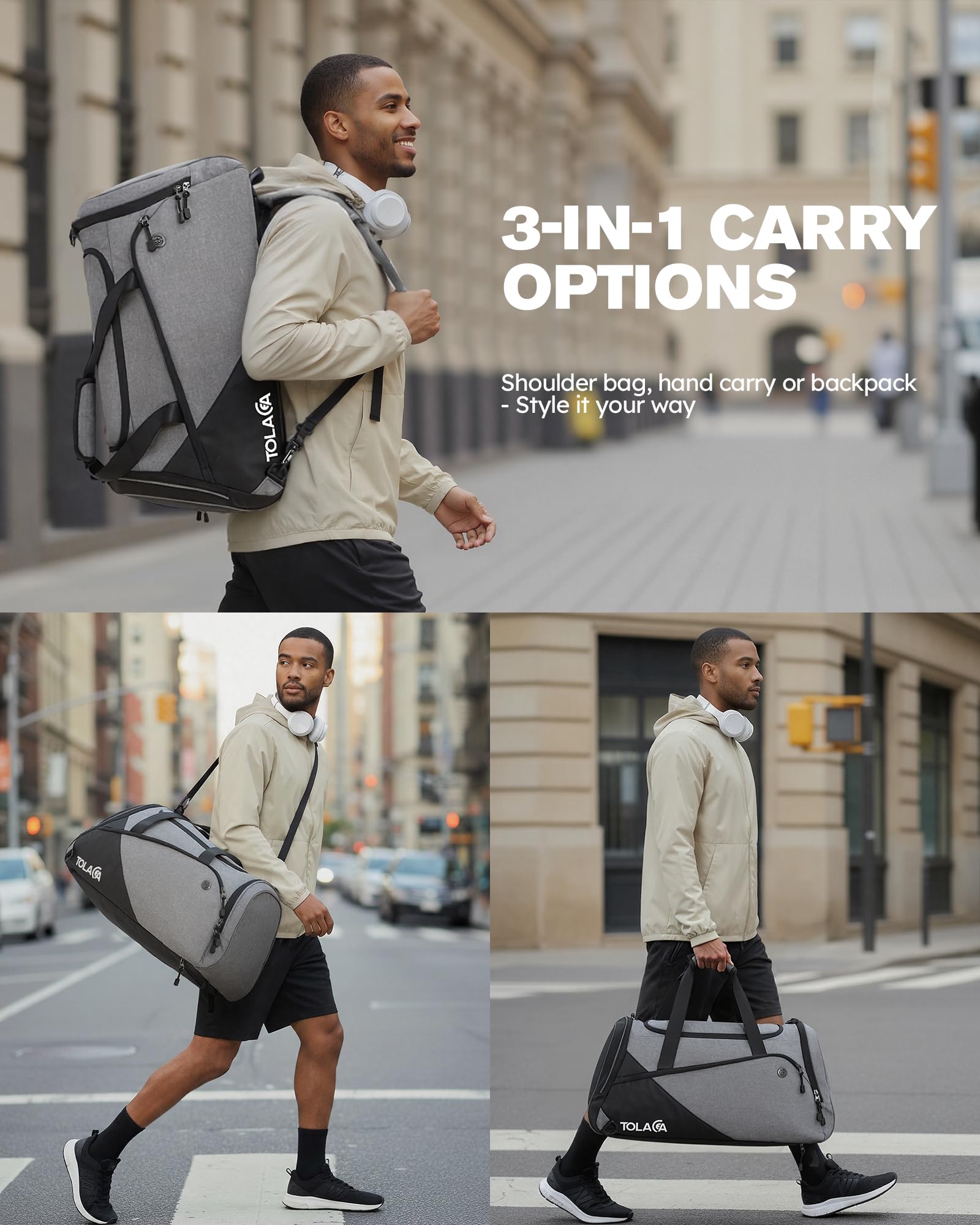 Tolaccea 47L Sporttasche Groß Sporttasche Rucksack mit Schuhfach Nassfach Wochen Reisetasche Duffel Bag Fitness Trainingstasche für Herren Damen Gym,Reise,Schwimmen,Sauna,fußball (Grau) 3