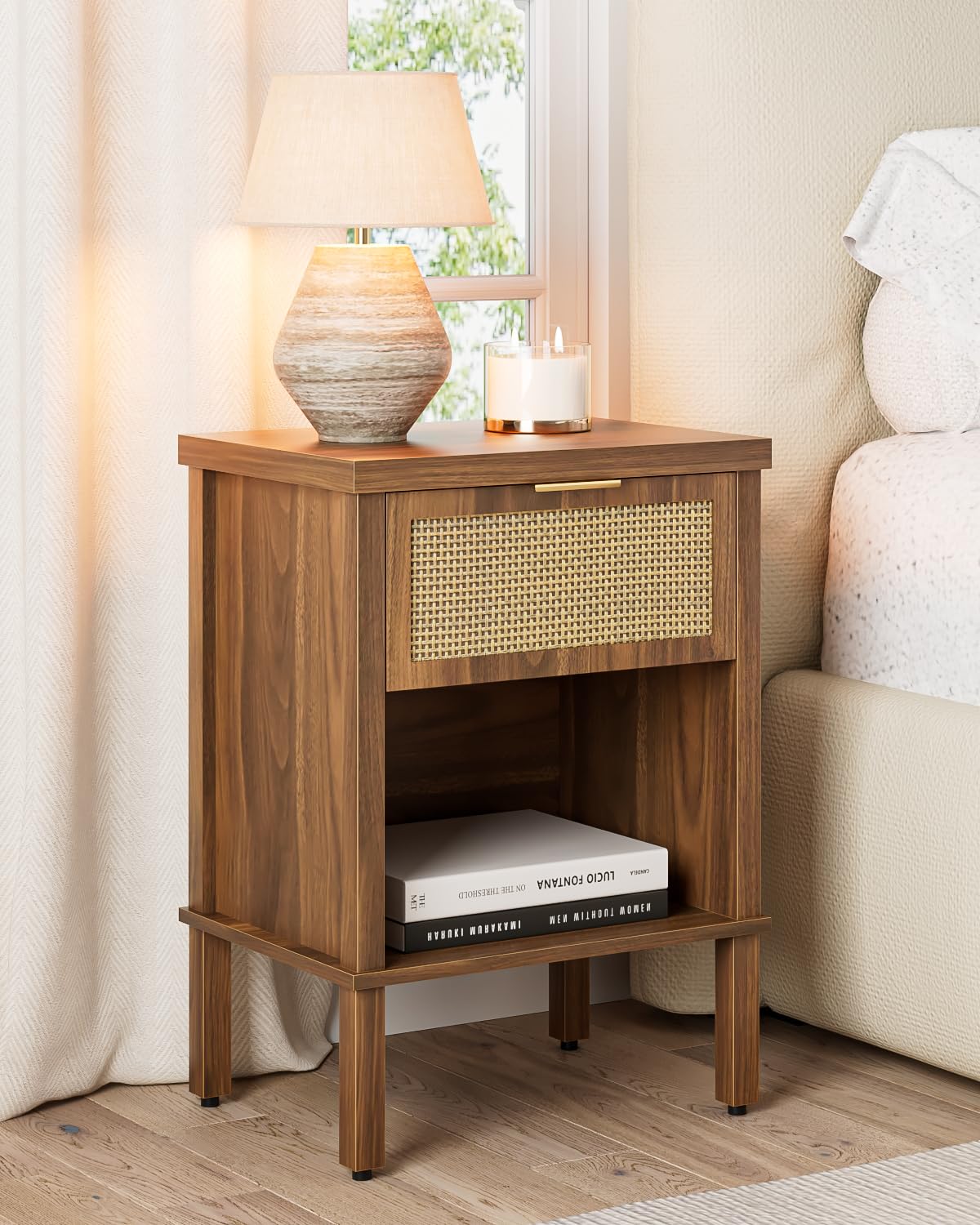 apetaccat rattan nightstand with drawer and open shelf, boho side table with gold handle, small nigh