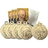 St Benedict Medal Set Metal Italian Made Golden Metal with Holy Cards, 5PK | Gold-Tone Metal Saint Emblem Protection from Evil Pendants, Laminated USA Made Prayer Cards