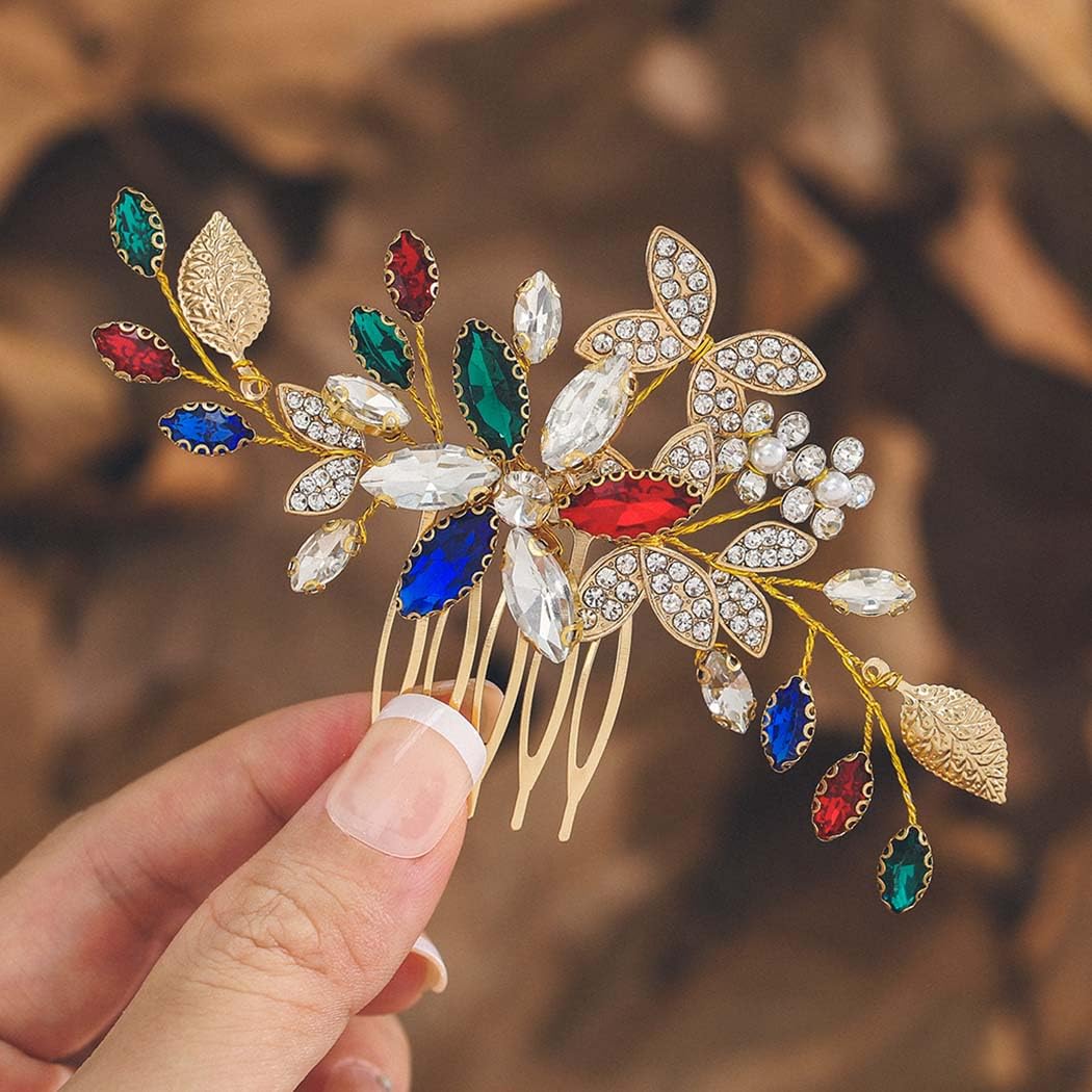 IYOU Bridal Wedding Hair Combs Gold Crystal Bridal Sides Comb Flower Rhinestone Headpiece Prom Bridesmaid Bride Hair Accessories for Women