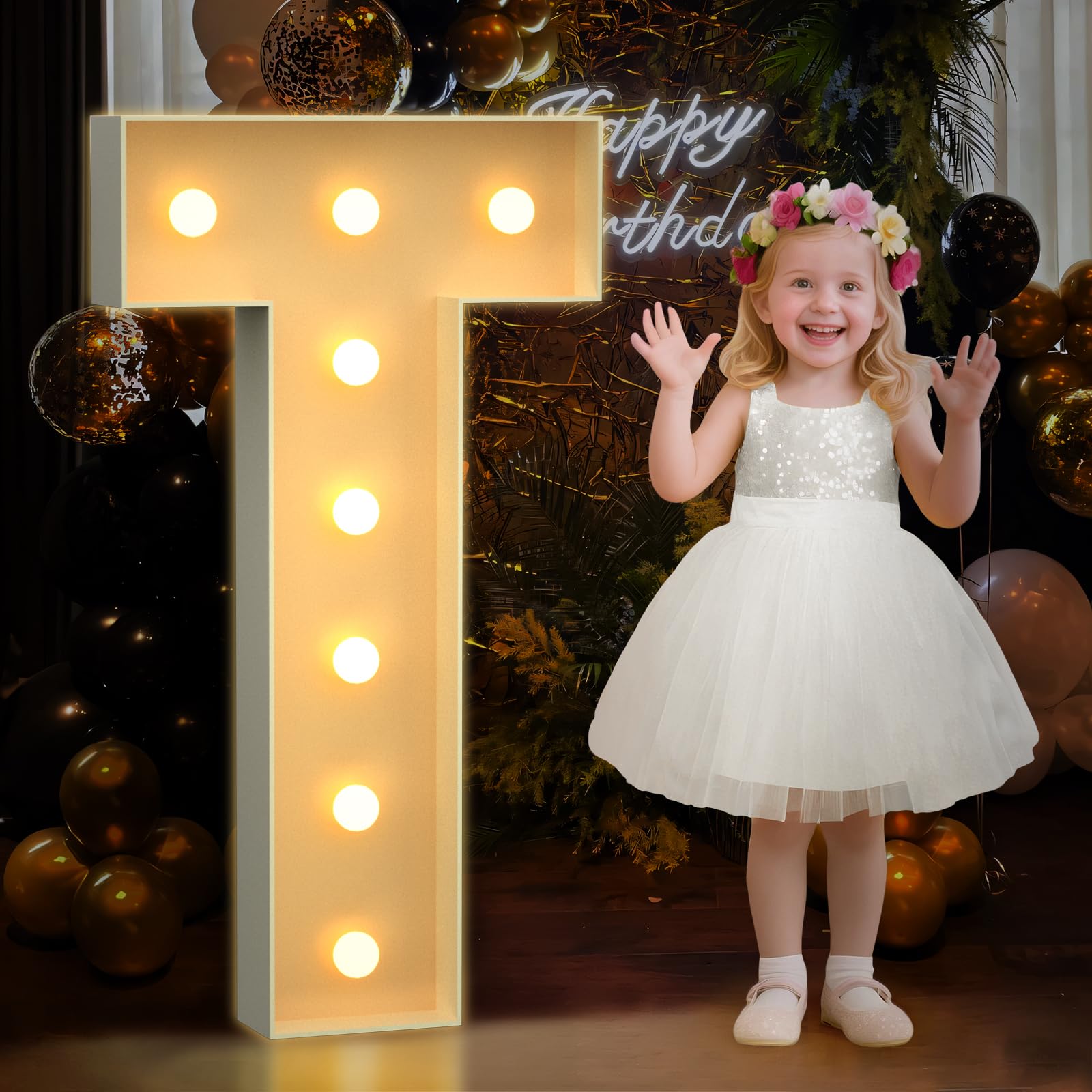 Photo 1 of Mixifox 3FT Marquee Letters T, Large Light Up Letters 3 Feet Tall with Lights, Big Baby Letter for Baby Shower, Wedding, Engagement, Graduation, Birthday Party Decorations, Pre-Cut Foam Board Kit
