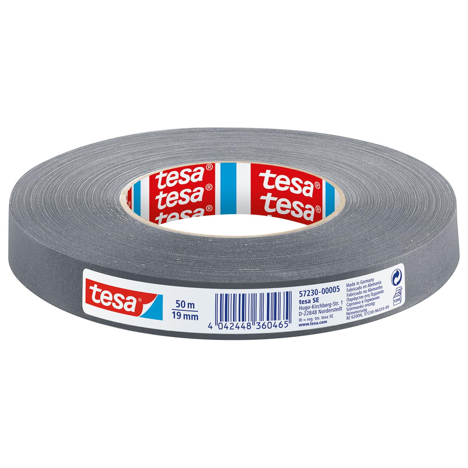 tesa extra Power Perfect Fabric Tape - Fabric Reinforced Ductape for Crafts, Repairs, Attaching, Reinforcing and Labelling, Grey, 50 m x 19 mm
