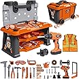 Playhiland 2 in 1 Kids Tool Bench-78 PCS Toddler Tool Bench with Tool Box and Electronic Toy Drill, Pretend Play Construction Toy Set for Kids Girls Boys Ages 3 4 5 6 7 Years Old Dress-up Party