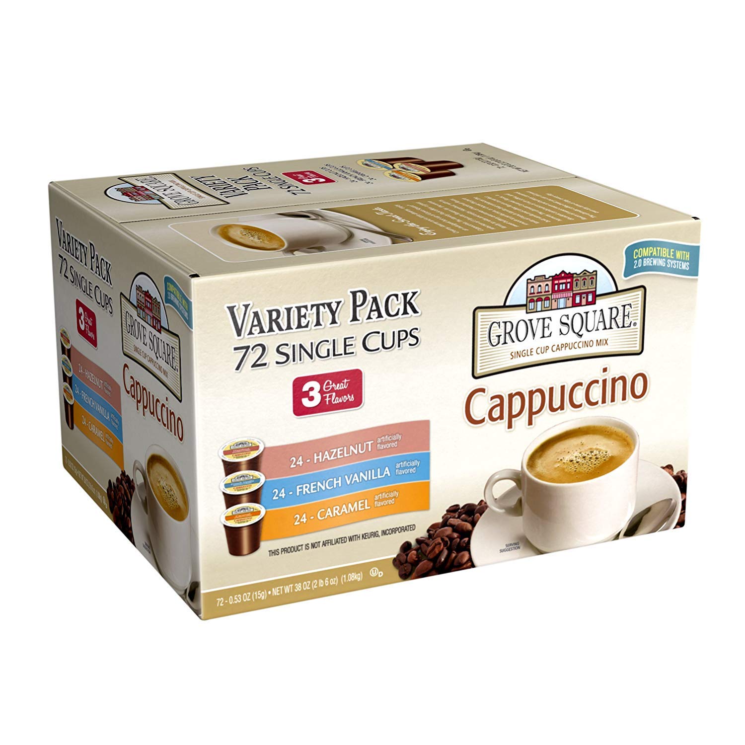 Coffee Keurig K-Cups K Cups (From 18 up to 100 Pods) Count Capsules Light Medium Dark Roast Fresh Long Expiry Fast Shipping ALL FLAVORS (72x Cappuccino Grove Square Variety Pack)