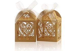 COTOPHER Laser Cut Boxes, 100pcs Thank You Gift Boxes Wedding Party Favor Boxes Lace Candy Boxes for Wedding Bridal Shower Baby Shower Birthday Party Decorations with Ribbons (2x2x3inch, Gold, 100)
