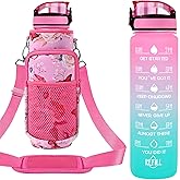 Newfad 32 oz Water Bottles with Straw & Strap, Motivational Water Bottles with Times to Drink, BPA Free Reusable Sports Water Bottle with Sleeve Carrier for Hiking, Travel, Running or Fitness