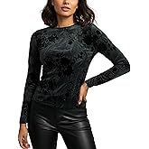 KGGT Women's Velvet Burnout Top Slim Fit Long Sleeve Blouse Mock Neck Party Evening Floral Elegant Shirts