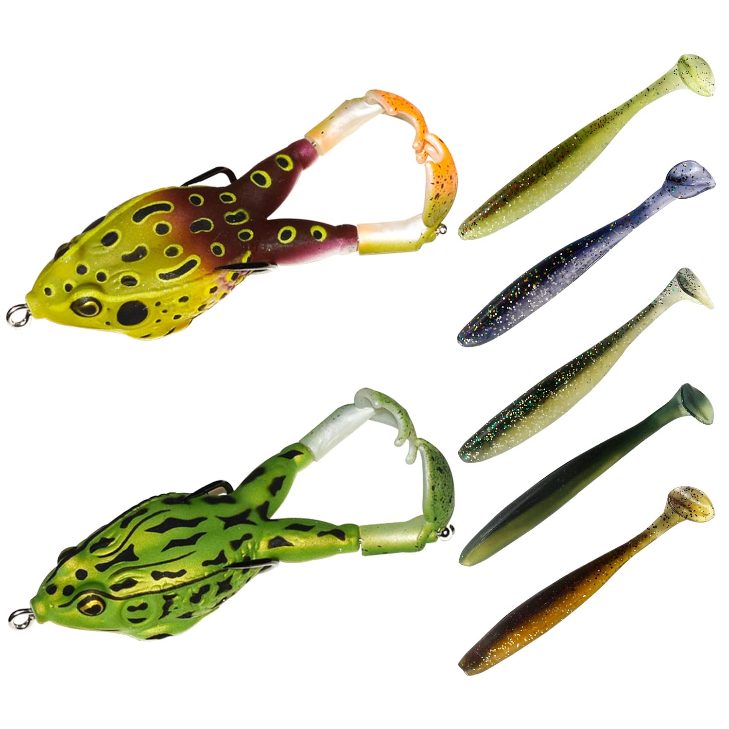 2 frog lures, fishing lures, artificial frog fishing lures, 9cm soft bait silicone fishing lures, with hooks, double propeller frogs, mixed fishing bait set, with 5 artificial lures