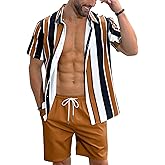 LecGee Men's Hawaiian Shirt Set Tropical Print Striped Button Down Hawaiian Shirt and Shorts 2 Piece Outfits