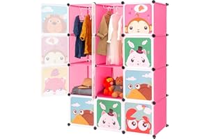 BRIAN & DANY Baby Closet Organizer, Kid Clothes Storage with Cartoon Pattern, Portable Child Wardrobe Deeper Cube for Larger Capacity, 12 Cube, Pink