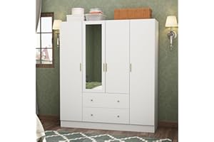 FAMAPY 4-Door Wardrobe Closet with Mirror, Armoires and Wardrobes with Drawers and Shelves, Armoire Wardrobe Closet with Hanging Rod, White (63”W x 19.7”D x 70.9”H)