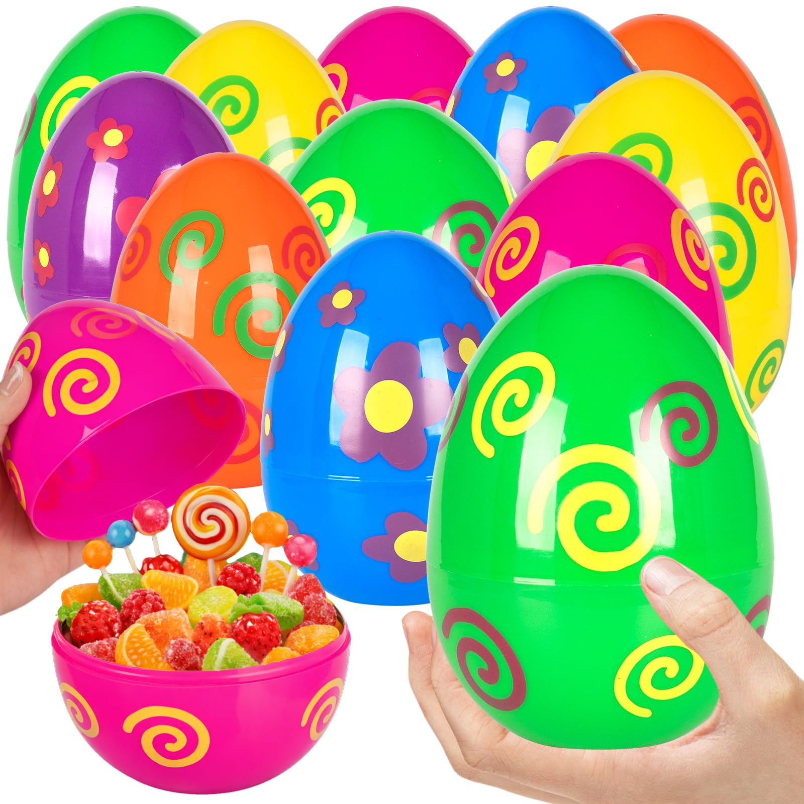 PIONJOY Large Printed Easter Eggs, 6 Inches Jumbo Plastic Eggs Fillable for Easter Themed Hunt Basket Stuffers Fillers Filling Treats Bulks Party Favor Classroom Prize Supplies
