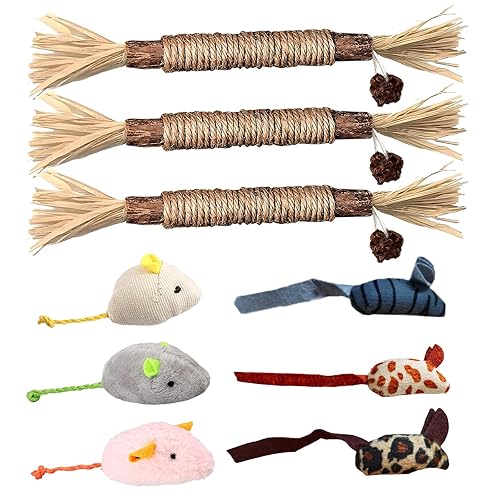 Catnip Toys for Cats,Cat Toys,9 Pcs Cat Toys for Indoor Cats Kitten,3 Grass Sticks Cat Nip Toys Cats and 6 Mouse Cat Toys for Indoor Cats for Cat Playing Teeth Cleaning for 14+ Years Old
