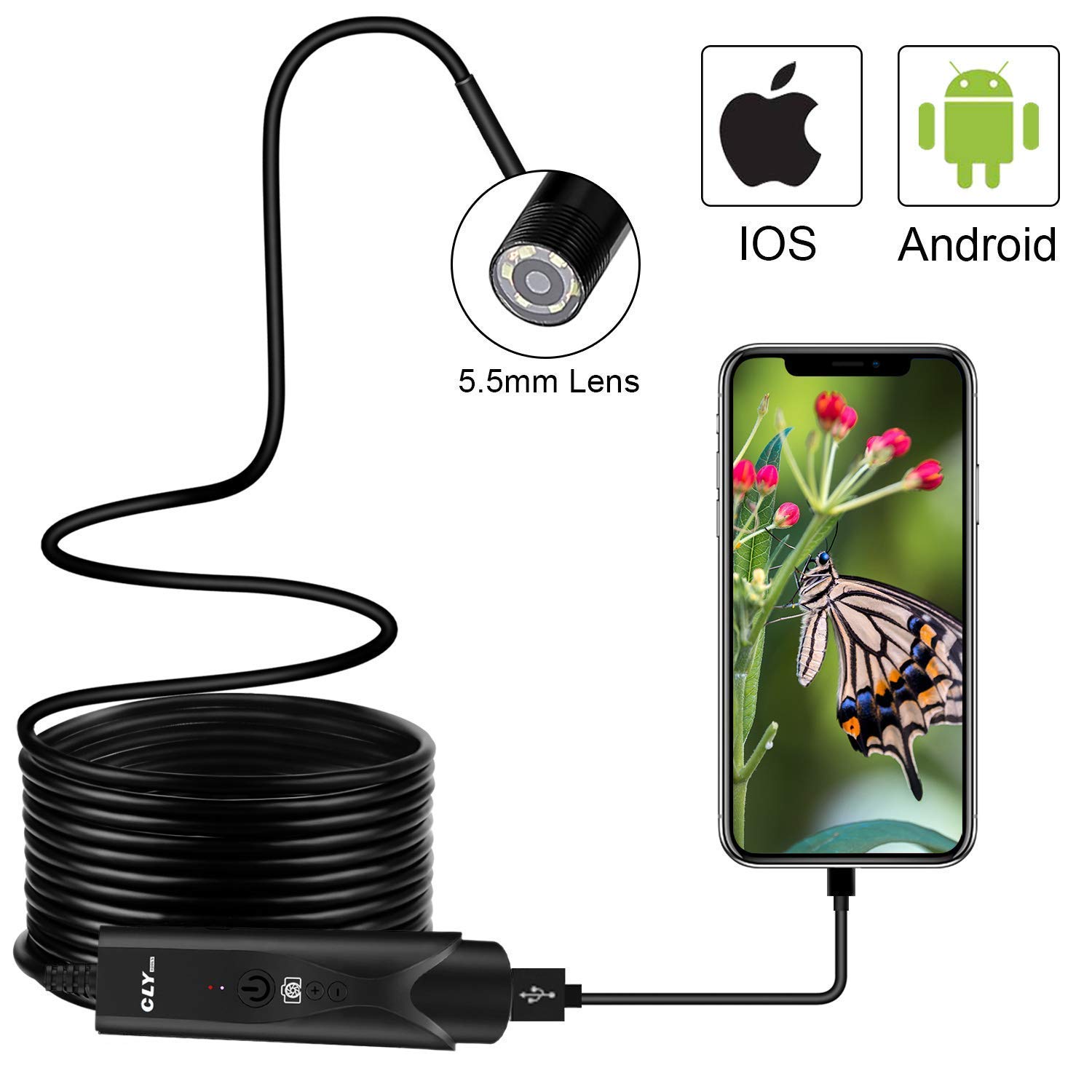 USB Endoscope Inspection Camera for IPhone/Android 2.0MP CMOS 1080P HD Waterproof Borescope Snake Camera -16.5FT