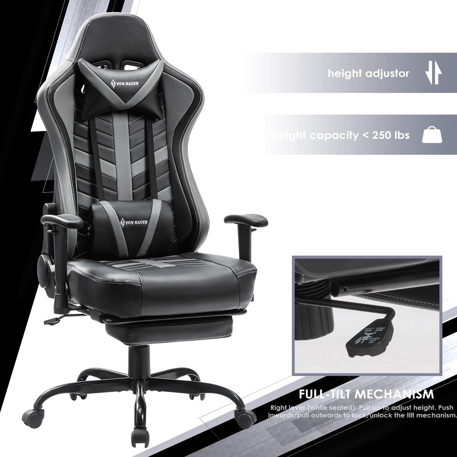 Van Racer Chaise VON RACER Gaming Chair with Footrest – Racing Computer Desk Office ...