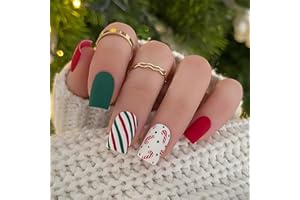 KSTBJN Christmas Press on Nails Short Square Fake Nails Full Cover False Nails with Designs Red Green Christmas Glue on Nails Candy Cane Acrylic Nails Cute Matte Artificial Stick on Nails for Women Girls