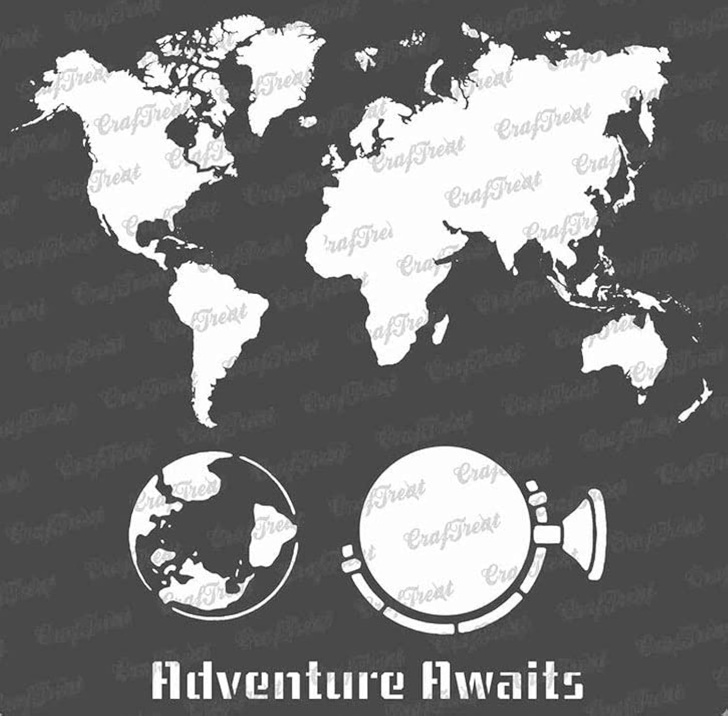 CrafTreat Reusable World Map Stencil for Painting on Wood, Canvas, Paper, Fabric, Floor, Wall and Tile - Adventure Awaits -6X6 Inch - DIY Art and Craft Stencils for Home Decor - Globe Stencils