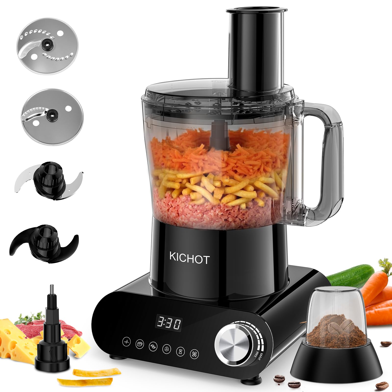 Photo 1 of 12 Cup Food Processor & Vegetable Chopper,French-Fry-Cutter, Stepless Speed,Digital Timer,Large Feed Chute,Ice Creshing,Chopping, Shredding, Slicing and Doughing,600W for Home Use,Black