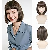 Ash Brown Bob Wig with Bangs Short Straight Wig for Women Girls 12 Inch Heat Resistant Synthetic Natural Looking Bob Hair Wig for Daily Wear Cosplay Halloween Party Use