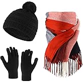 Geyoga 3 Piece Winter Beanie Hat Scarf Gloves Set for Women Warm Beanie Cap Long Knitted Plaid Large Scarf Gifts Touch Screen Gloves Winter Gift for Cold Weather