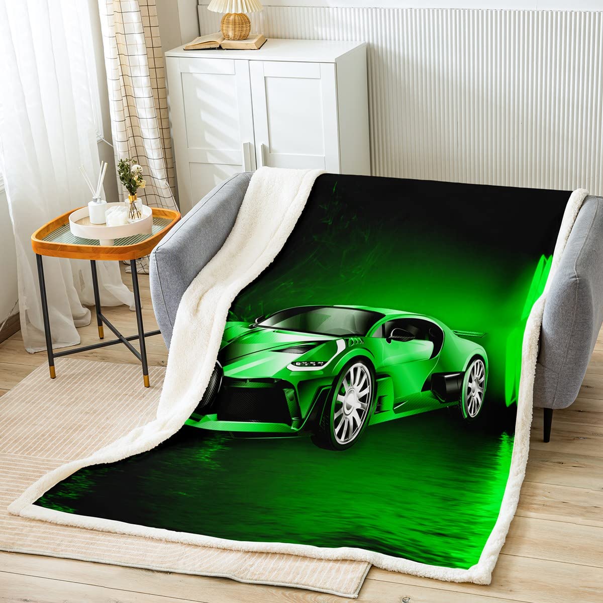 Sports Car Sherpa Blanket Green Race Car Fleece Throw Blanket for Kids Boys Girls Extreme Sports Fuzzy Blanket for Sofa BedCool Speed Luxury Car,Single 50x60 Inch