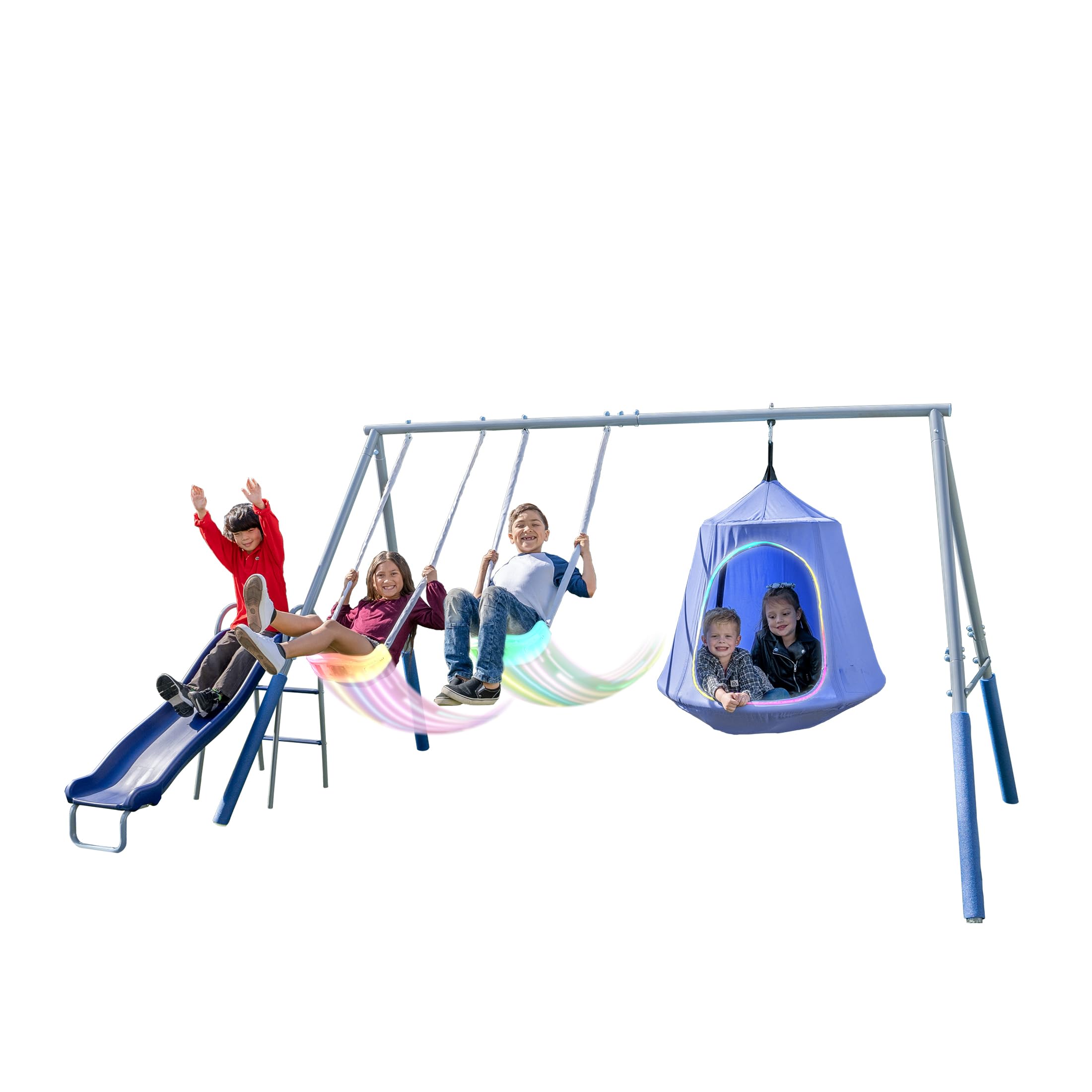 Sportspower Shooting Star Metal Swing Set w/ 2 LED Swings, Padded Saucer Swing with LED Light up Tent and 5' Double Wall Blow Molded Slide