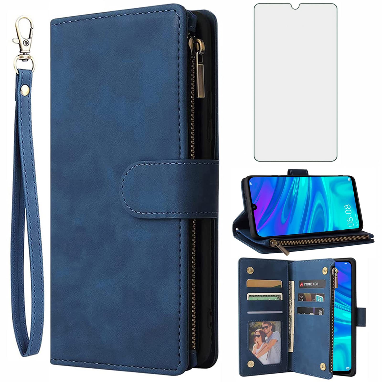 Asuwish Compatible with Huawei P Smart 2019/Honor 10 Lite Wallet Case Tempered Glass Screen Protector and Leather Flip Cover Card Holder Stand Cell Phone Cases for Hawaii PSmart 2019 Women Men Blue — image 1