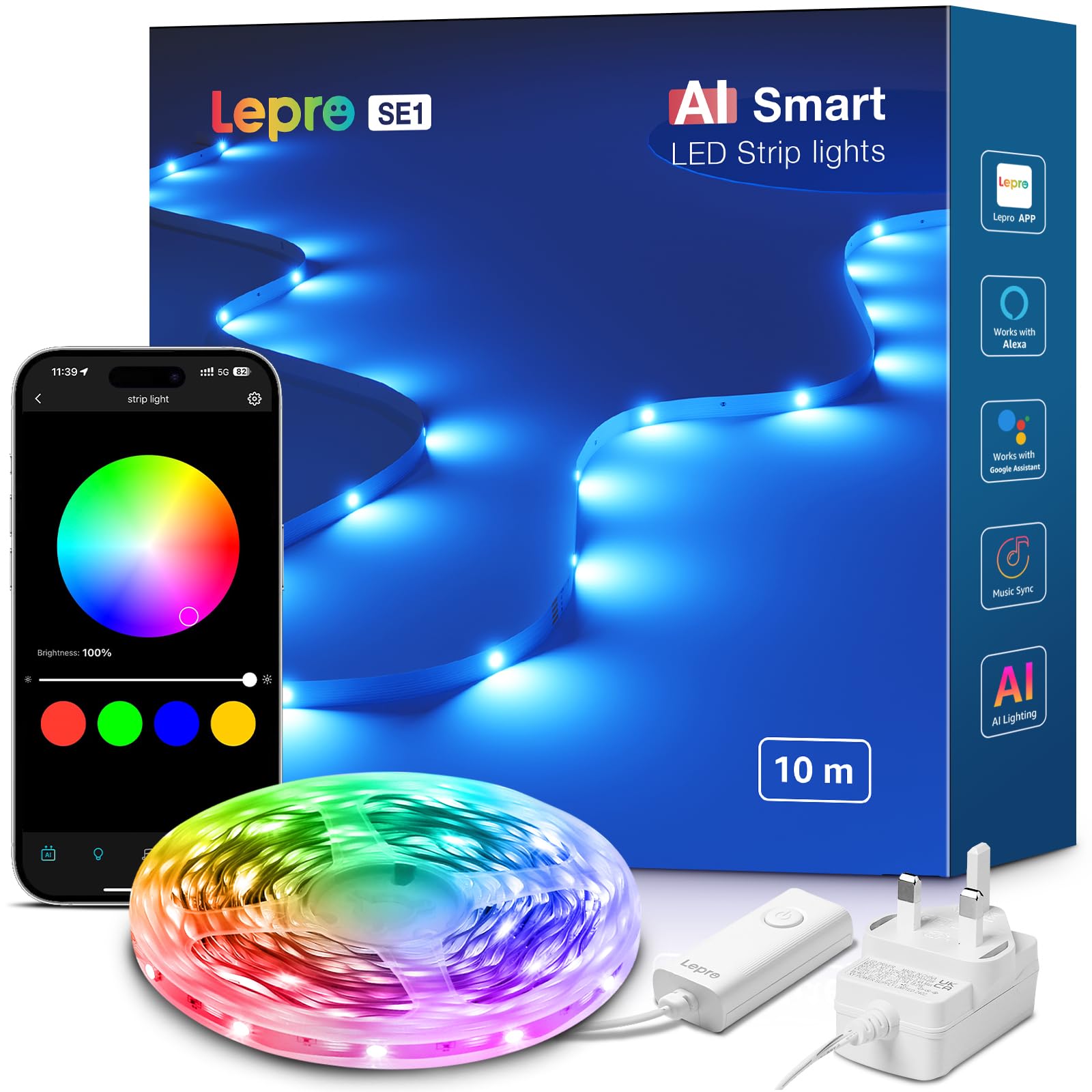 Lepro SE1 AI Smart LED Strip Light 10M RGB, Works with Alexa & Google Assistant, Music Sync, Colour Changing RGB Lights, Personalized AI Lighting Designer, Bluetooth & 2.4GHz WiFi, App Voice Control