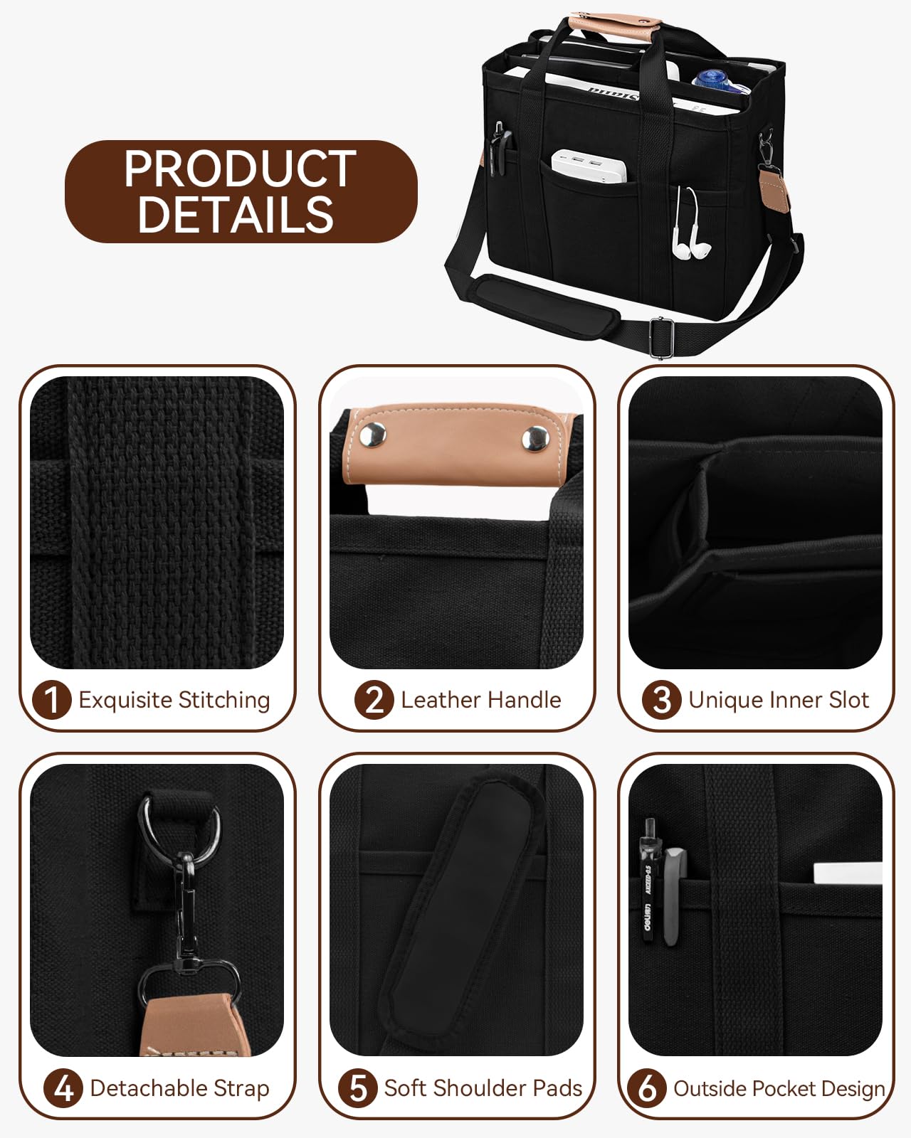 Canvas Tote Bag with Multi-Pocket for Women Large Crossbody Shoulder Handbag Everything Tote Bag with Compartments