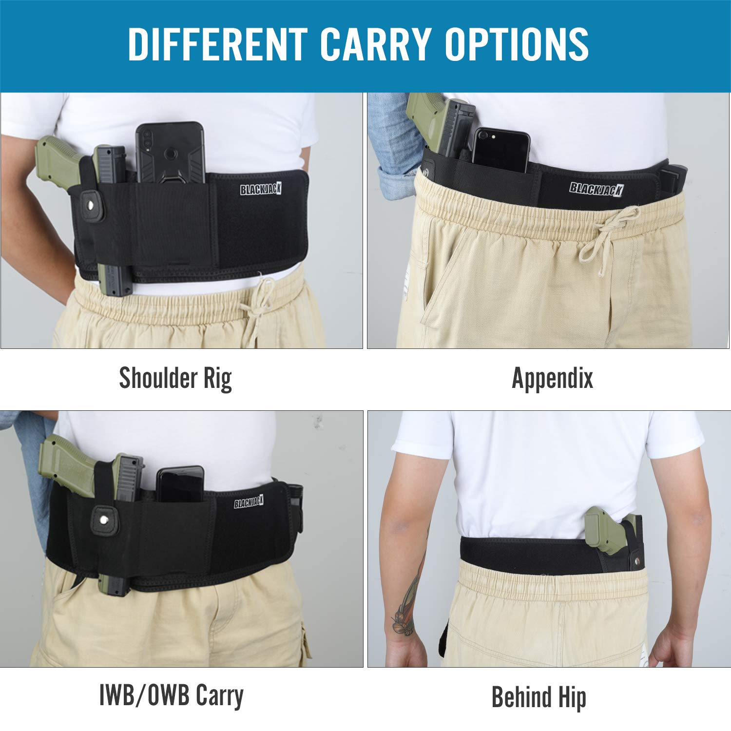 Black Jack Ultimate Belly Band Holster, Concealed Carry Fit for Glock, Ruger, CCW, S&W M&P, Shield Bodyguard Sig Sauer, OWB IWB Carry Holster for Women & Men (Black)