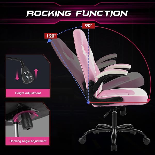 SWEETCRISPY COMPUTER GAMING DESK CHAIR – ERGONOMIC LUMBAR SUPPORT EXECUTIVE WITH PU LEATHER AND FLIP-UP ARMREST, HEIGHT ADJUSTABLE WITH 360° SWIVEL WHEELS, PINK WHITE, FOR HOME AND OFFICE
