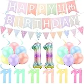 FASOTY 11th Birthday Decorations for Girls Pastel Macaron Number 11 Balloon Pre Strung Pastel Happy 11th Birthday Banner and Tringle Flag 11 Year Old Girls Birthday Decorations Supplies