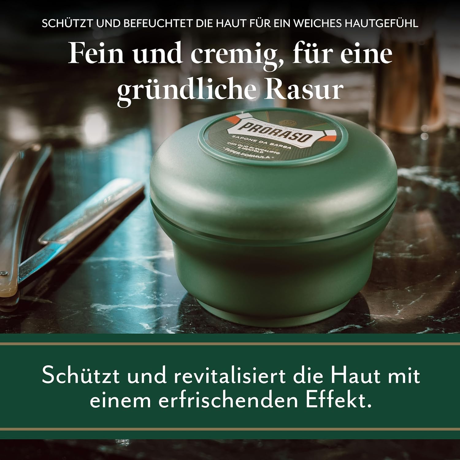 Proraso Shaving Soap inklusive Seifenschale, 150 ml, erfrischende und belebende Rasierseife für Herren mit Eukalyptusöl und Menthol, Made in Italy, Grün 3