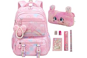 Girls Backpack, Kids Backpack for Girls School bag Kids Bookbag | 17inch Pink Backpack with Pencil Case Kawaii butterfl for Teen Elementary Middle School Back To School Pink