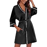 Ekouaer Women's Satin Robe Short Bridesmaid Bride Feather Bridal Robe Kimono Silky Long Sleeve Bathrobe S-XXL