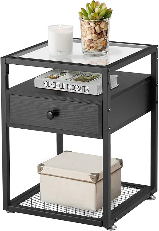 Amazon Com Vecelo Modern Side Nightstand Tempered Glass End Table Cabinet With Drawer And Rustic Shelf Decoration In Living Room Bedroom Lounge Black Furniture Decor