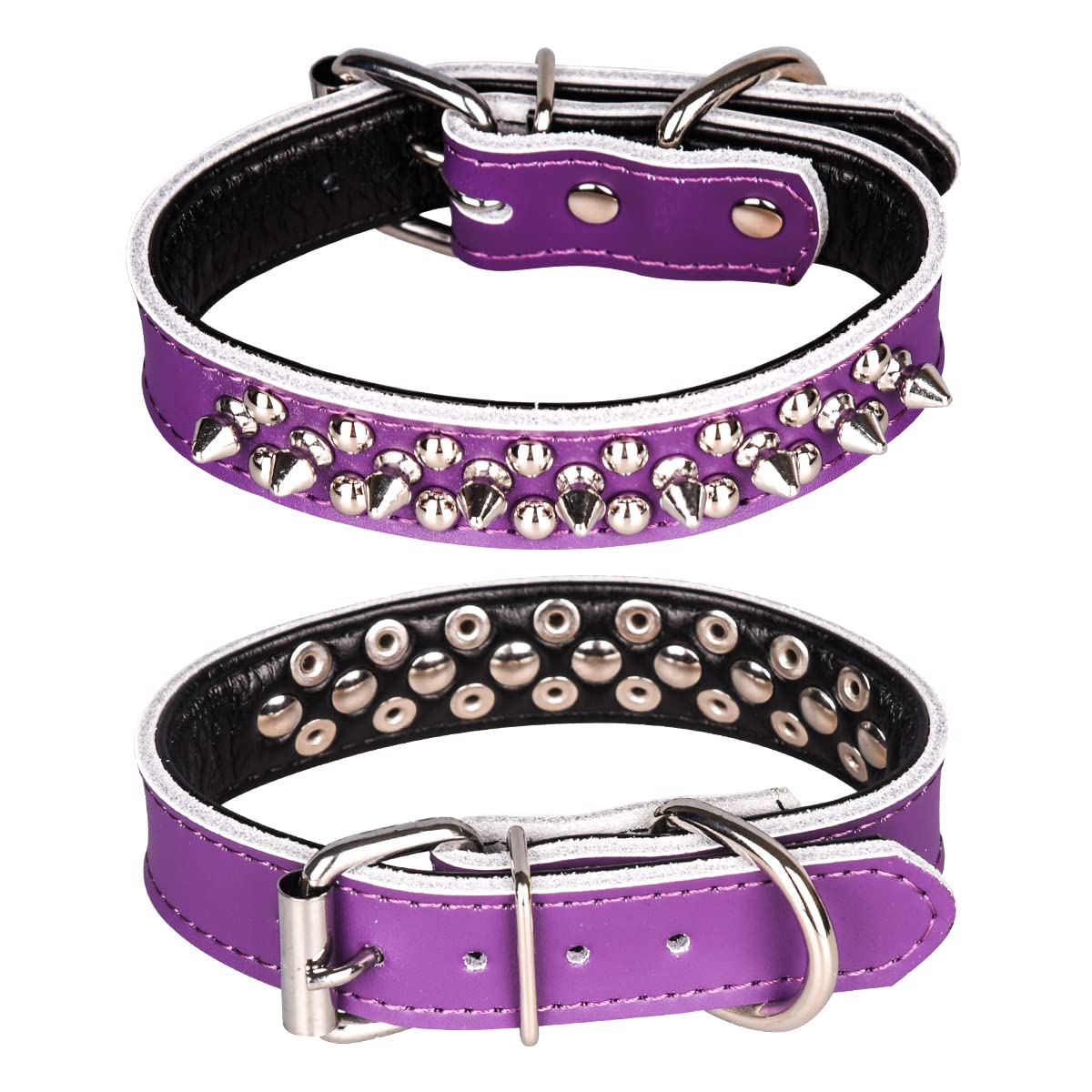 haoyueer Spiked Studded Dog Collar, Genuine Leather Dog Collar, Adjustable Pet Collars for Medium Large Bulldog Pitbull Mastiff Poodle Boxer (S, Purple-2)