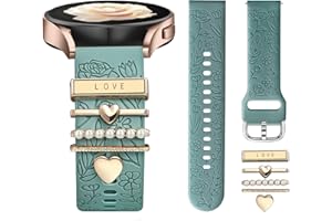 DaQin Flower Engraved Band Compatible with Samsung Galaxy Watch 7 Band/FE 6 5 4 40mm 44mm,Galaxy Active 2, 20mm Watch Band Soft Silicone Replacement Strap with Decorative Charms Accessories Women