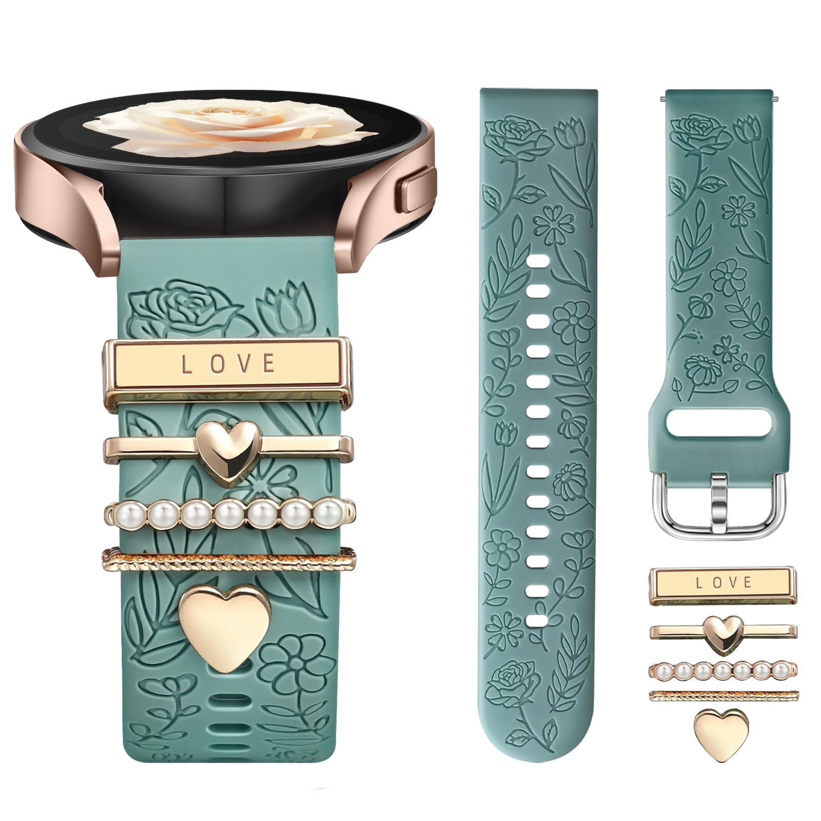 DaQin Flower Engraved Band Compatible with Samsung Galaxy Watch 7 Band/FE 6 5 4 40mm 44mm,Galaxy Active 2, 20mm Watch Band Soft Silicone Replacement Strap with Decorative Charms Accessories Women