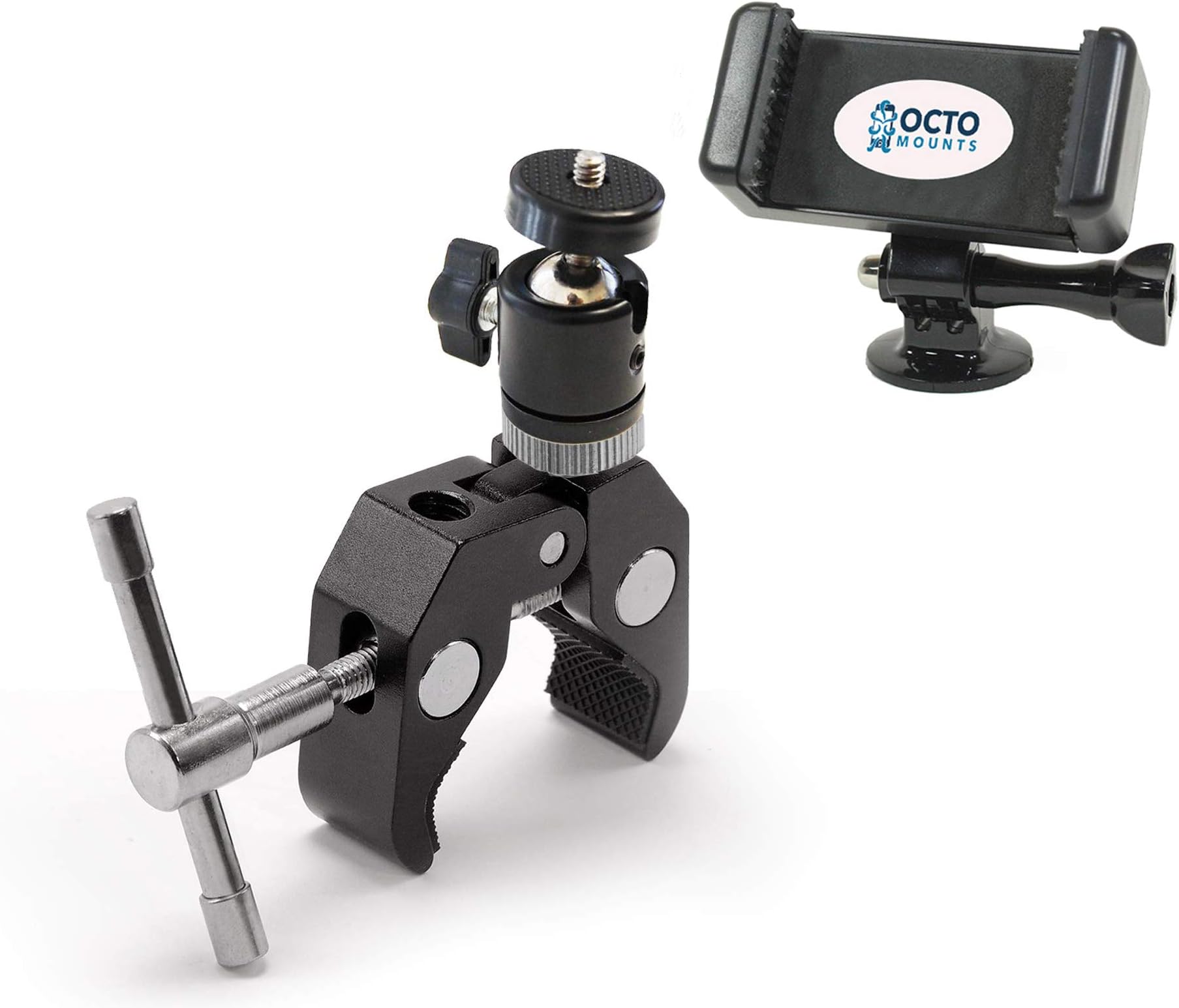 Title: OCTO MOUNTS Crab Clamp Mount with ¼’ and 3/8” Thread Hole and Ball Head, GoPro Adapter and Cellphone Holder for DSLR, GoPro, Smartphone, Camcorder, Tripod, Monitor, LED or Video Light