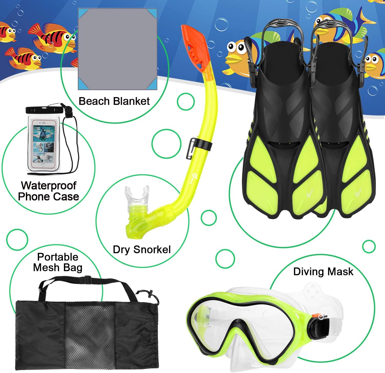 Odoland 6-in-1 Kids Snorkeling Packages Snorkel Set, Anti-Fog and Anti-Leak Full Face Snorkel Mask with Adjustable Swim Fins, Beach Blanket and Waterproof Case for Boys and Girls Age 9-15 Yellow : Sports & Outdoors