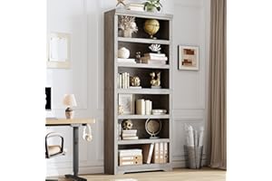 IDEALHOUSE 75" Embossed Farmhouse Bookshelf, 5-Tier Tall Bookcase with Adjustable Shelves, Grey Floor Standing Storage Organi