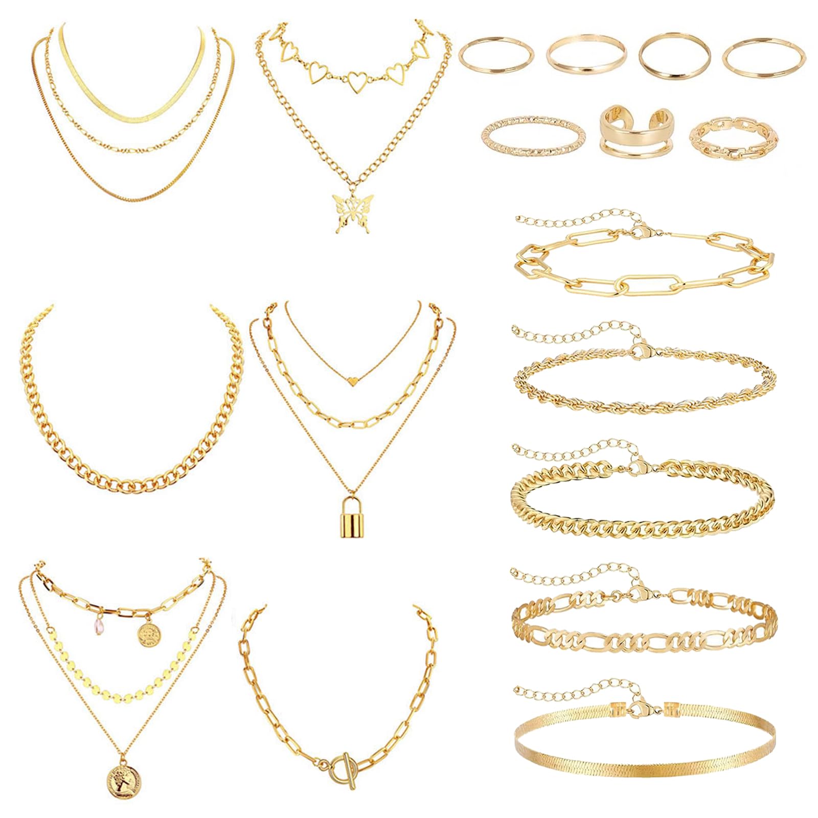 DAVBNM 17Pcs Gold Silver Jewelry Sets Rings Bracelets for Women Layered Necklace Chunky Knuckle Rings, Women's Jewellery Set, Fashion Necklace Stack Waterproof Gold Jewellery Set for Women(gold)
