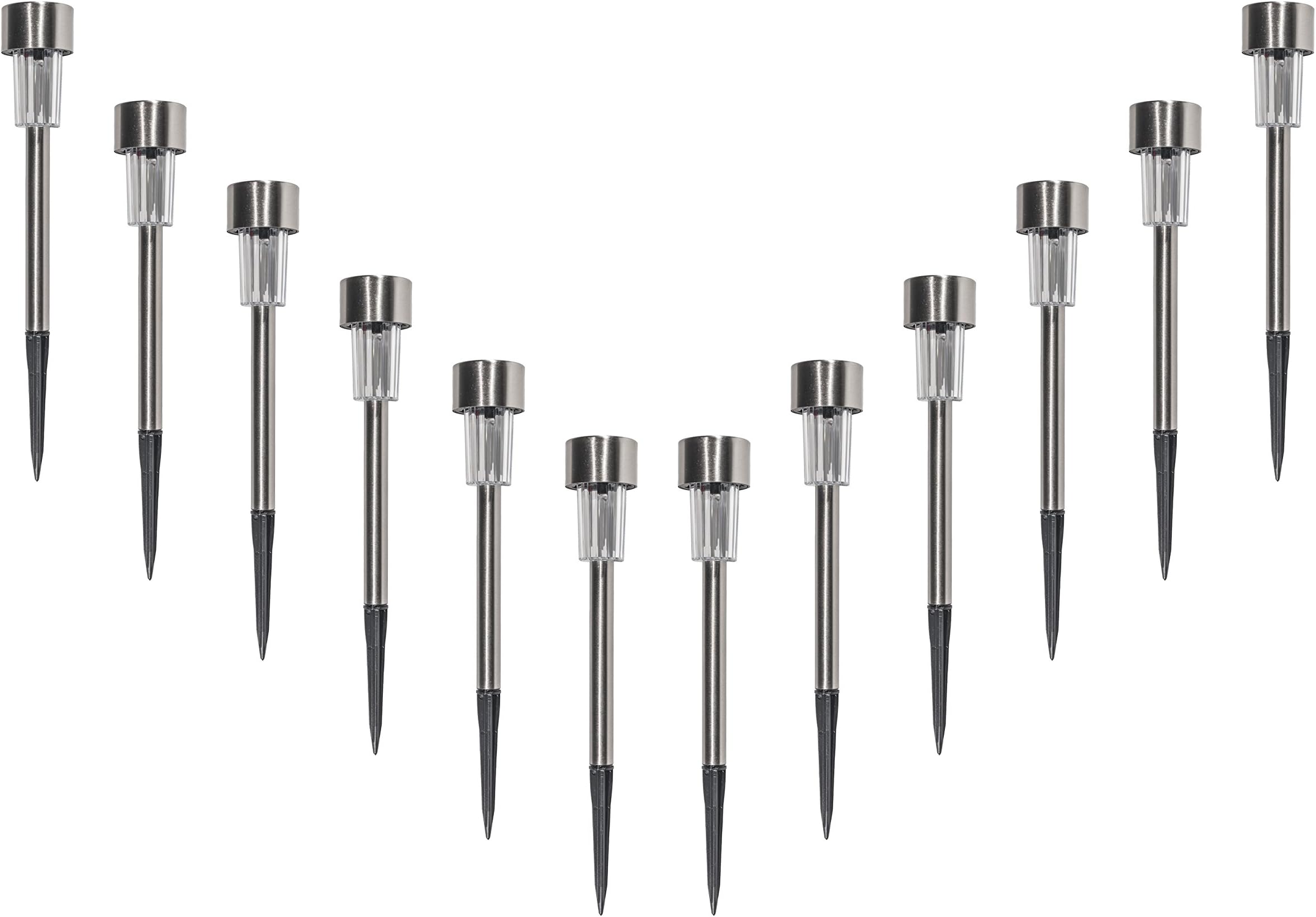 Grant Park 12-Pack Brushed Silver Stainless Steel Bright LED Solar Lights for Outdoor Landscape Yard Pathway Garden Lighting