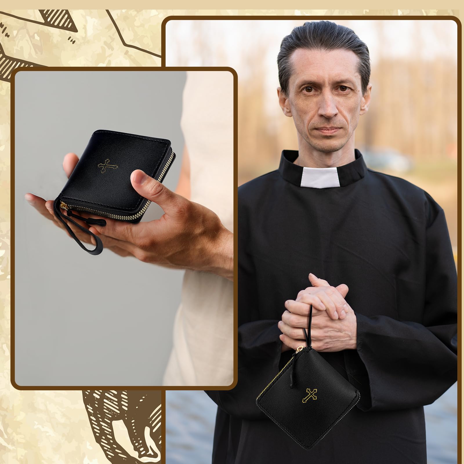 Huhumy 2 Pcs Leather Communion Purse for Pyx with Gold Latin Cross Container Catholic Budded Gold Toned Case Cross Pyx Bag for Communion Priests Deacons Eucharist Holy Gift (Hand-held Style)