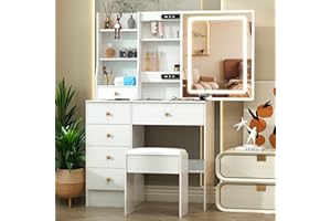 Small Makeup Vanity,White Vanity Desk with 6 Drawers 6 Shelves 1 Stool& Slide LED Mirror,3 Modes Light Adjustable White Small