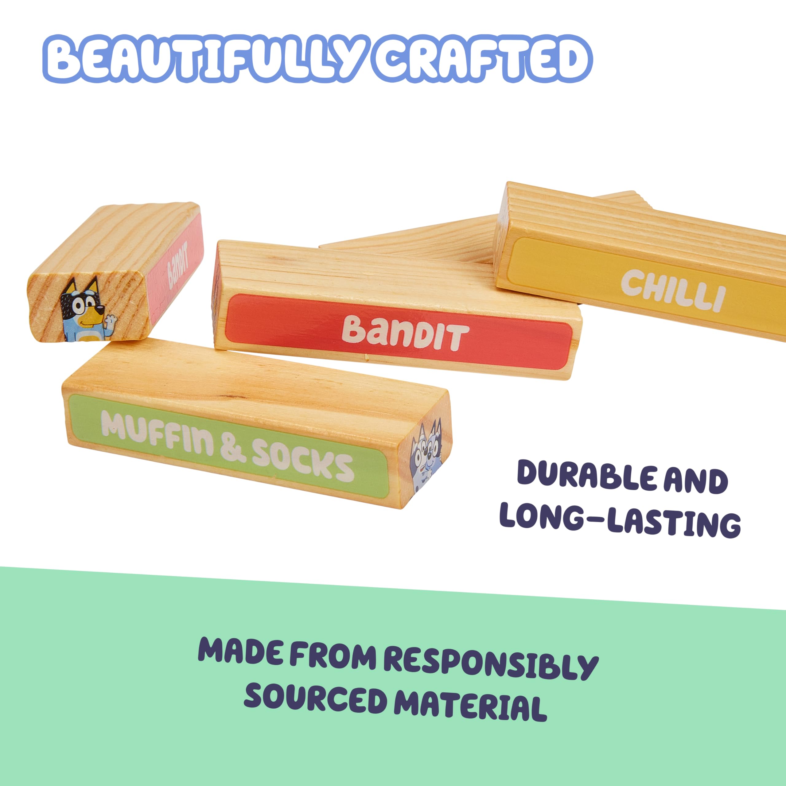 Bluey 8th Wonder Stackable Tumbling Tower Game, Robust Wooden Stacking Game with 54 Illustrated Colored Blocks, Fun Balancing Toy for Kids Ages 3+