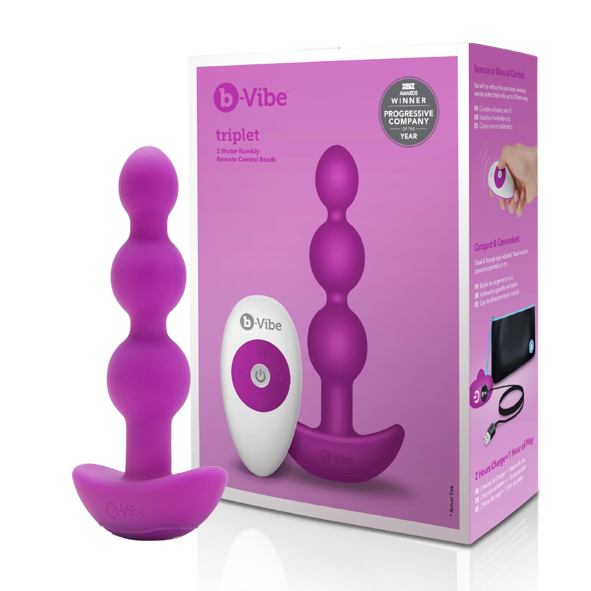 b-Vibe Triplet Anal Beads, Fuchsia/Silver